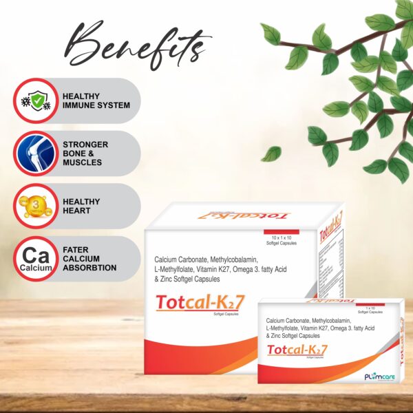 totcal k27 Calcium Carbonate, Methylcobalamin, L-Methylfolate, Vitamink27, Omega 3.Fatty Acid & Zinc Softgel Capsules -100 pics